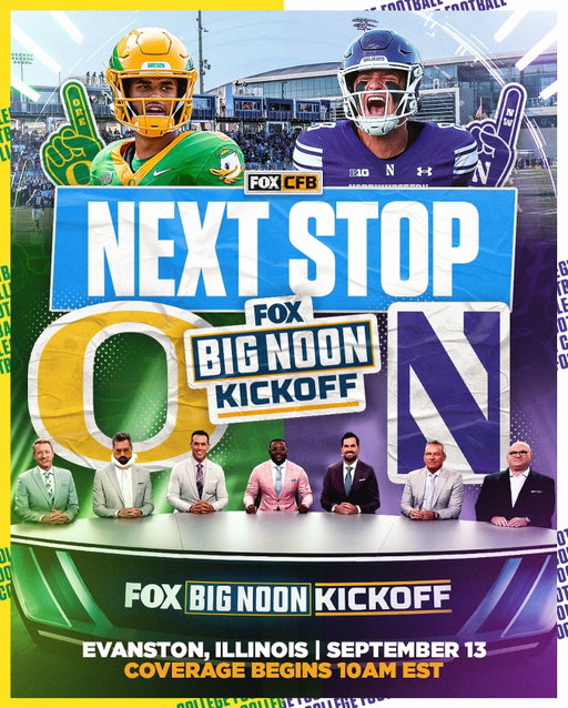 NORTHWESTERN WE’RE COMING TO YOUR CITY 🔥🐾

Big Noon Kickoff will be bringing the party to Evanston, IL ahead of @nufbfamily’s matchup with @oregonfootball at 12 ET on FOX 🎉