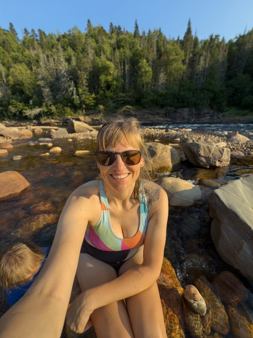 Quebec road trip highlights Part 2!  📸 Photo 1: This was a 2 minute walk from our campsite at the free town campground in Les Escoumins.  
📸 Photo 2-4: Whale Watching from Les Escoumins. We saw a couple of minke whales which was neat, but in hindsight I would have preferred to do whale watching in Saguenay Fjord instead, where you are more likely to see beluga whales and the scenery is more dramatic.   📸 Photo 5-8: The ferry from  Les Escoumins across the St. Lawrence River to Trois Pistoles. We were treated to an epic sunrise while we were waiting to drive our @rossmonster Baja on board. The trip across the river took about 2 hours!  📸 Photo 9: Driving up the Gaspé Peninsula.  
📸 Photo 10: The view from our campsite at Aztec Camping near the town of Gaspésie. There’s not a lot of free camping in these parts, so we spent a good chunk of our time in RV parks.   📸 Photo 11-12: Chute De La Riviere portage. It was a 1 km hike to a beautiful waterfall. It was a Sunday, and it was packed with families and dogs, and everyone was super nice and was curious what brought us all the way up there. The water was take-your-breath-away-cold but felt amazing afterwards.  📸 Photo 13-14: I’ve golfed less than a dozen times in my life, but somehow I’m able to crush the ball. Figured Herbie might have my natural abilities, so we are starting him now so he can go pro and support us in our old age 😂. This golf course was on site at Aztec Camping, so we made a day of it and had a great time.
 🙌 Save this post for future trip inspo!