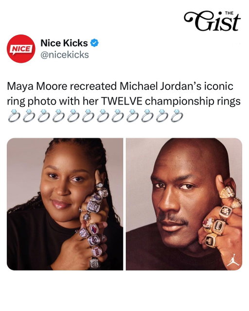Forever an icon. 😌💍⁣
⁣
The legendary Maya Moore recreated Michael Jordan's iconic ring photo with her TWELVE championship rings ahead of her Hall of Fame induction this past weekend. 🏆⁣
⁣
Moore played eight years in the WNBA, where she won four championships. She's also a 2x Olympic gold medalist, 1x WNBA MVP, 6x WNBA All-Star, 2x NCAA champion, and more. GOAT doesn't even begin to cover it. 🐐⁣
⁣
Joining her in the 2025 class are fellow hoops icons Sue Bird and Sylvia Fowles. Talk about an all-star list. 🤩 #thgist ⁣
⁣
#womenssports #basketball #wnba #mayamoore
