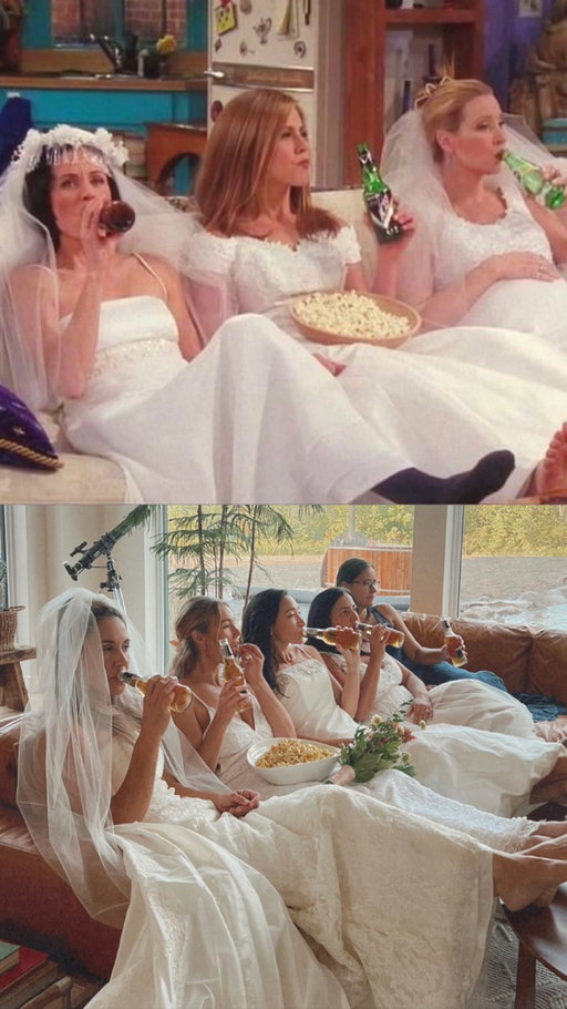 Our wedding dresses definitely put us in a better mood 👰🏼‍♀️💕💍🍻🍿

#wedding #weddingdress #bride #friends #bridesmaids