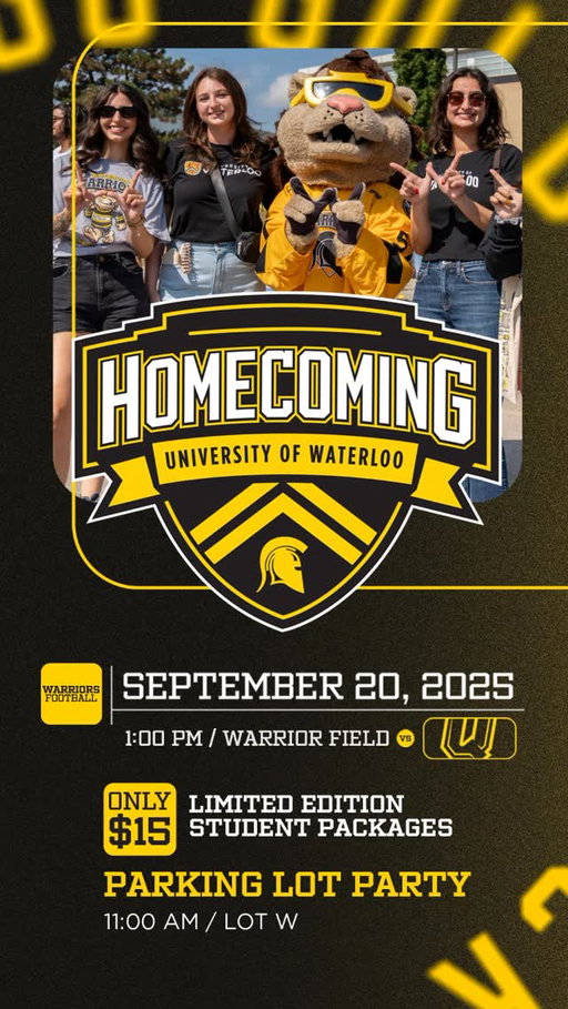Who are you bringing to Homecoming on September 20th? Tag your crew and make it official! 

The game starts at 1:00pm at Warrior Field. Don’t miss out on any of the fun and join the Parking Lot Party in Lot W from 11:00am-1:00pm! 🎉

🎟️ Make sure you grab your tickets at gowarriorsgo.ca/tickets before they sell out! 

#GoBlackGoGold