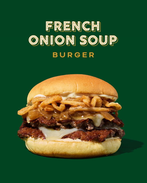 Cozy up with our new bistro-inspired French Onion menu:
 
French Onion Soup Burger
→ 100% Angus beef Gruyere cheeseburger topped with caramelized onions, crispy sweet onions, and roasted garlic parmesan aioli.
 
French Onion Shack Stack
→ 100% Angus beef patty topped with Gruyere cheese, a 'Shroom Burger, caramelized onions, and roasted garlic parmesan aioli.
 
French Onion ‘Shroom
→ Crisp-fried portobello mushroom filled with melted muenster and cheddar cheeses, topped with caramelized onions and roasted garlic parmesan aioli.
 
Parmesan Garlic Fries
→ Crispy crinkle cuts dusted with parmesan cheese served with a side of roasted garlic parmesan aioli.
 
Onion Rings
→ Crispy beer-battered onion rings made from sliced sweet Spanish onions served with your choice of sauce.