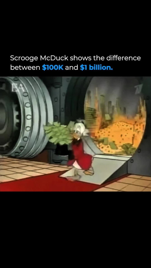 Scrooge McDuck broke down just how massive the difference between $100,000 and $1 billion really is. 💰

What looks like a fortune is tiny compared to a billion: stacked upright, it would reach 800 times the height of the Washington Monument. Stretched out, it could wrap around the Earth four times. And if you picked up one dollar every second, it would take you 32 years to collect them all.

A billion isn’t just more money — it’s an entirely different scale. 🚀

→ Follow us (@entrepreneurarchived) for timeless lessons from the world’s most iconic entrepreneurs.

#entrepreneur #entrepreneurship #business #scroogemcduck #money #financialeducation #wealth #mindset