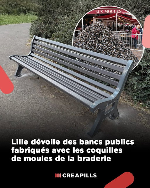 Lille dévoile des bancs publics fabriqués avec les coquilles de moules de la braderie

Chaque année, la Braderie de @lille_france laisse derrière elle des montagnes de coquilles. En 2024, près de 5 tonnes ont été collectées puis transformées, par l’entreprise locale @etnisi_collection, en mobilier urbain. Résultat : dix bancs installés devant l’hôtel de ville, solides, durables et sans odeur, composés à 55 % de coquilles de moules, complétées par des résidus calcaires et de verre collectés dans la métropole.