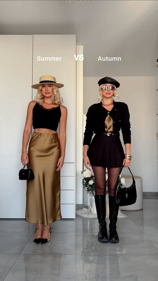 Summer VS Autumn 😮 (save this for inspo) Yay or Nay? VOTE BELOW ⬇️ Outfit 1 or Outfit 2? /ad I’m obsessed with these @kiabi_malta outfits !! 🍂 Transforming our silk skirts into the cutest silk tops 🥰 I’m in love with these looks 🖤 Tag a bestie who would love these ideas!! 👭 

Everything: @kiabi_malta ✨