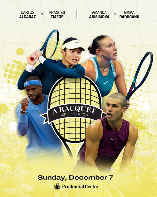 Tickets are ON SALE NOW for A Racquet at The Rock 🎾 A legendary night of tennis takes over Prudential Center on Sunday, December 7!
 
⚡ World #1 & US Open Champion Carlos Alcaraz vs. two-time US Open Semifinalist Frances Tiafoe
⚡ World #4 & US Open Finalist Amanda Anisimova vs. 2021 US Open Champion Emma Raducanu
 
🎟️ Secure your seats at the link in our bio.