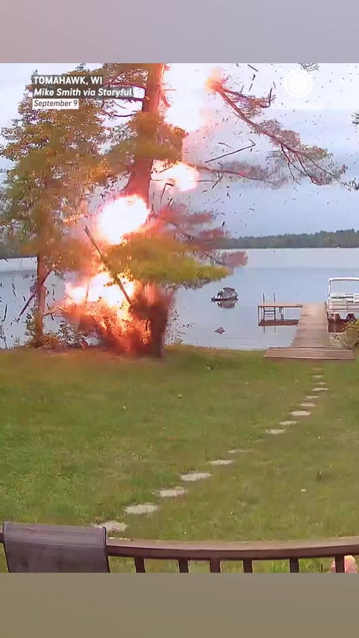 Security camera footage captured the moment lightning struck a tree, sending debris flying through the air and setting it on fire.⁣
⁣
Neighbors used lake water to try to put out the flames before the fire department arrived to extinguish the rest.