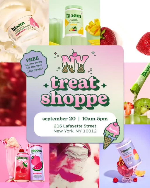 🍒🧁 BLOOM TREAT SHOPPE 🧁🍒 Step into a flavor fantasy at the Bloom Treat Shoppe, a one-day pop up serving free sips, Bloomified sweets, exclusive NY merch, good tunes and community meet & greets!

🎉 Free Bloom swag for the first 100 guests 🎉

📍 216 Lafayette Street
New York, NY 10012
📅 Saturday, September 20
🕙 10AM – 5PM

RSVP at the link in bio 🔗