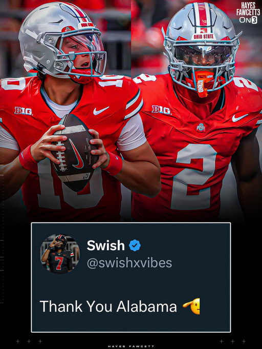 Ohio State fans owe a thank you to Alabama for two of their top players 👀

Starting QB Julian Sayin and star Safety Caleb Downs both originally enrolled at Alabama before transferring to Ohio State

Sayin was ranked as a 5-Star QB coming out of HS, enrolled at Alabama, and then transferred to Ohio State

Caleb Downs played a year under Coach Saban, where he was named a Freshman All-American honors. Once he retired, Downs entered the portal and committed to the Buckeyes 

The Nick Saban Effect ™️

Thoughts? 💭