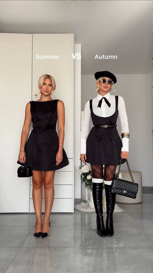 Summer VS Autumn @fashionnova 😮 (save this for inspo) Yay or Nay? VOTE BELOW ⬇️ I’m obsessed with this look!! 🖤 /ad So chic, so classy.. so stylish 👏🏻 Turn those low back dresses around.. add a white shirt and voilà 🥰 ..you have a brand new look 🦋 Tag a bestie who would love this look!! 👭 

Everything is from @fashionnova 💫