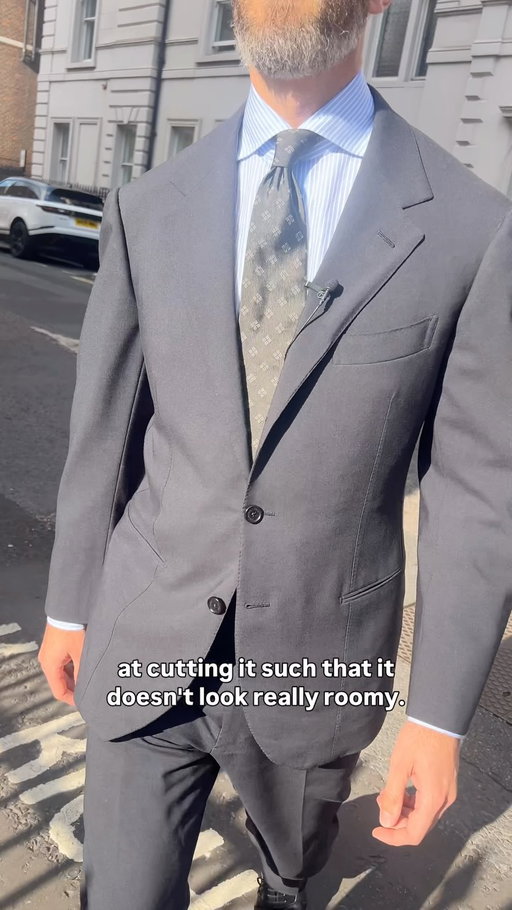 Walking past Cavendish Square 
Talking about artfully cut ‘big’ suits - is it too big?

Wearing:
- Luca Museo bespoke navy suit
- Blue/white striped Simone Abbarchi shirt
- Dark green silk Bryceland’s tie
- Black Yohei Fukuda Oxford shoes