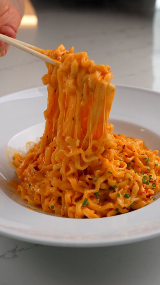 Cheesy Spicy Ramen

Sometimes all I need is a bowl of noodles like this. @otoki_global Cheddar & Mascarpone noodles, tossed them in a gochujang cream sauce, and finished with mozzarella. Kinda like mac & cheese meets ramen.

Available at H Mart and Amazon!

 #cheesyramenpartner 

Ingredients
2 packs Otoki Cheddar & Mascarpone Cheese Ramen
3 tbsp cooking olive oil (or other neutral cooking oil)
1 shallot, finely chopped
3-4 garlic cloves, minced
1 1/2 tbsp gochujang (or double-concentrated tomato paste for a non-spicy option)
1/4 cup water or vegetable stock
3/4 cup heavy cream
1/3 cup shredded mozzarella or fontina cheese
Fine sea salt, if needed

For serving
2-4 tsp chili oil (about 1 tsp per serving, optional)
3 tbsp chopped chives or parsley

Instructions:
Bring a medium pot of salted water to a boil.
Meanwhile, heat the cooking olive oil in a large skillet over medium heat. Add the shallot and sauté for about 2 minutes, until translucent.
Add the garlic and cook for another 30-60 seconds, stirring constantly to avoid burning.
Stir in the gochujang and cook for 30 seconds. Add the water or vegetable stock, stir well, and let simmer until slightly thickened, about 1-2 minutes.
Lower the heat to medium-low. Stir in the heavy cream and simmer gently for 2-3 minutes, until the sauce begins to thicken.
Add the ramen noodles to the boiling water and cook for 1-2 minutes less than the package instructions. Reserve 1/2 cup of the noodle cooking water.
Transfer the noodles to the skillet with the sauce. Add the cheese seasoning packet from the ramen, along with 3 tbsp of the reserved noodle water. Increase the heat to medium and toss the noodles in the sauce for about 2 minutes, until fully coated and just cooked through.
Taste and adjust salt, the seasoning packet may already be enough.
Sprinkle the shredded mozzarella (or fontina) over the noodles. Turn off the heat and let the cheese melt into the sauce.
Divide the ramen into bowls and top with chili oil and chives. Serve immediately.

Notes in the comments.

#creamyramen #spicynoodles #cheesyramen #easyrecipe #otoki 
Cheesy ramen, easy recipes, spicy noodles recipe, creamy gochujang sauce