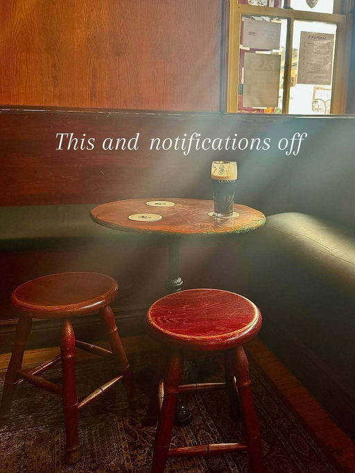 Do not disturb 

📸 @theproperpints

[Image description: A cosy pub scene with warm wooden walls and furniture. In the centre, there’s a small round wooden table with two coasters and a pint of Guinness, catching a soft beam of sunlight from a nearby window. Two wooden stools sit in front of the table, and a cushioned bench runs along the back. Across the image, white text reads: “This and notifications off.”]