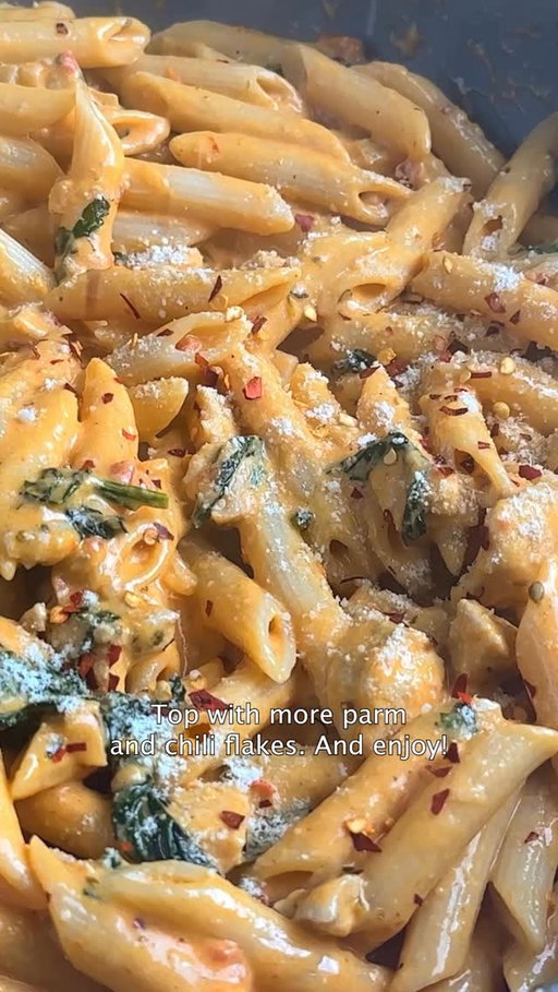 Say yes to the ultimate comfort meal 🍝😋

RECIPE 👇
 
For the chicken:
1 large chicken breast, cubed
1 Tbsp oil
1/2 tsp salt
1/2 tsp chili flakes, to taste
1/4 tsp black pepper
1/2 tsp dried oregano
1 tsp garlic powder
1 tsp fresh thyme leaves
 
1Tbsp unsalted butter
2 tsp sundried tomato oil
1/4 cup finely chopped onions
2 cloves garlic, minced
 
For the sauce:
1.5 Tbsp tomato paste
1/2 tsp salt
1/8 tsp black pepper
1/2 tsp chili flakes, to taste
A couple sprigs of fresh thyme, leaves removed
2 Tbsp finely chopped sundried tomatoes
1 1/4 cups 35% cream
1/4 cup grated Parmesan cheese
1/4 cup basil, packed
Handful of spinach leaves
Pasta water, as required
 
3 cups Al dente cooked short pasta of choice
1 cup reserved pasta water, as required
 
Add the oil and spices to the diced chicken. Set aside.
 
In a large skillet on medium high heat add the butter, oil, diced onion and minced garlic.  Sautee until fragrant, about two minutes.
 
Add in the chicken and cook until it changes colour. 
 
Add in the tomato paste, sundried tomatoes, herbs and spices.  Cook for about three minutes on medium heat.
 
Pour in the heavy cream, simmer until slightly thickened.  Add in the spinach and basil, stir to combine and add in the pasta water as required about a quarter cup at a time.
 
Once the sauce has thickened slightly, add in the pasta, mix to coat and simmer on low until the sauce sticks to the pasta.  Add more pasta water to loosen up as required.
 
Garnish with Parmesan cheese and chili flakes.