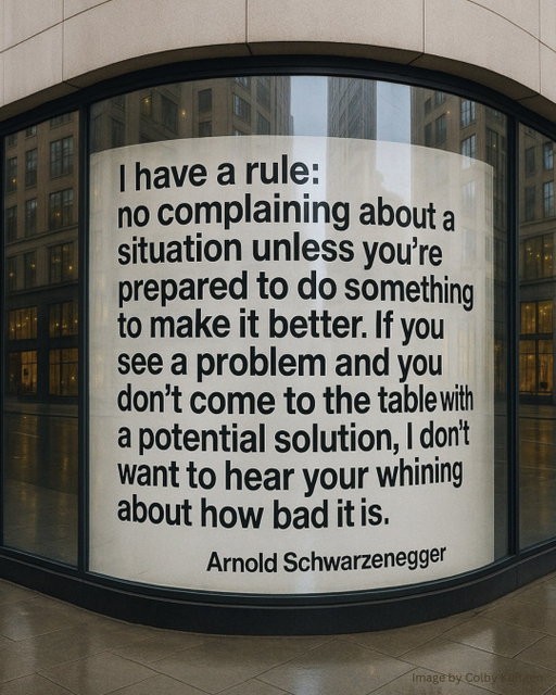 A rule we can all benefit from.

Arnold Schwarzenegger on complaining:

“I have a rule: no complaining about a situation unless you’re prepared to do something to make it better. If you see a problem and you don’t come to the table with a potential solution, I don’t want to hear your whining about how bad it is. It couldn’t be that bad if it hasn’t motivated you to try to fix it.”

I mean, think about it.

Has complaining ever helped you?

Why choose to repeatedly relive a problem instead of redirecting that energy toward solving it?

And if you can’t solve it right now, you’re actually better off ignoring it entirely.

The research backs this up:

A 2023 study found that learning to suppress unhelpful thoughts rather than dwell on them can improve your mental health.

So, when something’s bothering you, consider two options:

1. Take responsibility and do something to make it better.
2. Acknowledge it’s not worth your energy and let it go.

Everything else?

Complaining, ruminating, obsessing—just keeps you stuck.