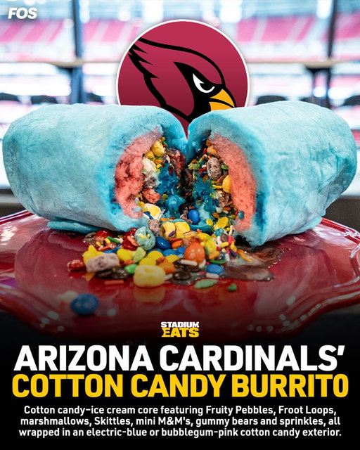 The Arizona Cardinals take the term “sweet treat” to the extreme with their cotton candy burrito loaded with an assortment of different candies.