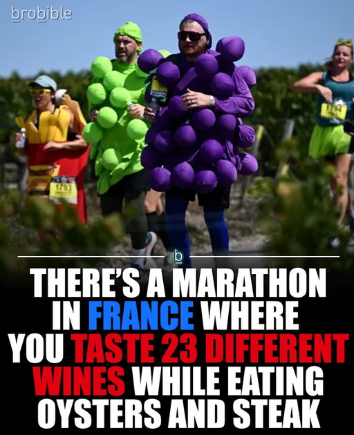 The Marathon du Médoc in France sounds like the most French thing ever. It asks one big question: can you run 26.2 miles while stopping for wine, oysters, and steak? Uhhhh... where do I sign up?!

This unique race through the gorgeous French countryside trades water stations for 23 different wine tastings from local vineyards. Runners (90% of whom are in costume!) also get to indulge in gourmet food while being serenaded by 50 different orchestras along the way.

NGL, I kinda want to do it with my fantasy football team next year... The whole experience is less about the finish time and more about all those French indulgences along the way. 
Would you do it?