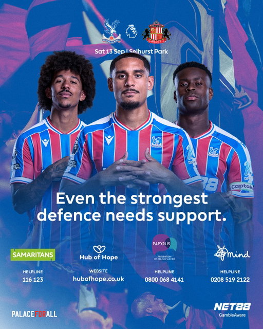 Together against suicide.

In collaboration with the @premierleague, we want to help raise awareness to the information and expertise available for those affected by suicide or suicidal thoughts ❤️💙

Just one conversation can make all the difference.

#CPFC #CrystalPalace #PremierLeague #PL