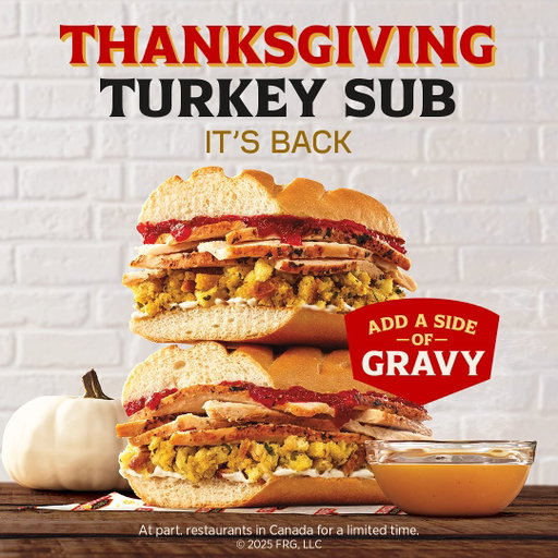 The Thanksgiving Turkey Sub is back! With carved turkey, buttery stuffing, and cranberry sauce, it’s all of the holiday flavour, in one crave-worthy bite🔥 Plus, add on a side of gravy for the full-flavour feast🤤