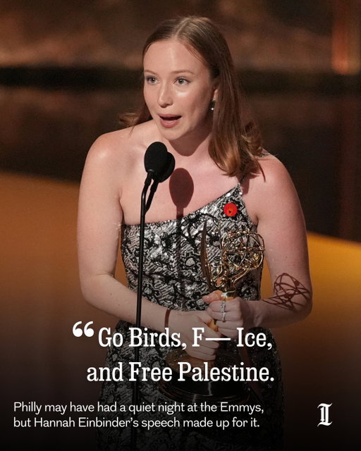 Philadelphia nominees were snubbed at Sunday night’s Primetime Emmys, but the Eagles got a surprise shoutout after they beat the Kansas City Chiefs.⁠
⁠
The evening’s loudest Philly shoutout came from “Hacks” star Hannah Einbinder, who beat “Abbott Elementary’s” Janelle James and Sheryl Lee Ralph for the best supporting actress in a comedy series.⁠
⁠
Einbinder’s bleeped acceptance speech included a surprise Eagles chant as she ended her speech with “Go Birds, F— Ice, and Free Palestine.”⁠
⁠
Einbinder, who gets her Eagles fandom from her father — Doylestown-born actor and writer Chad Einbinder — recently signed the Film Workers Pledge to End Complicity wherein she joined film professionals in pledging to not “screen films, appear at or otherwise work with Israeli film institutions — including festivals, cinemas, broadcasters and production companies — that are implicated in genocide and apartheid against the Palestinian people.’⁠
⁠
Read more about last night’s Emmy’s at the link in our bio.⁠
⁠
📝 by Elizabeth Wellington / Staff⁠
📸 by Chris Pizzello / Invision / AP