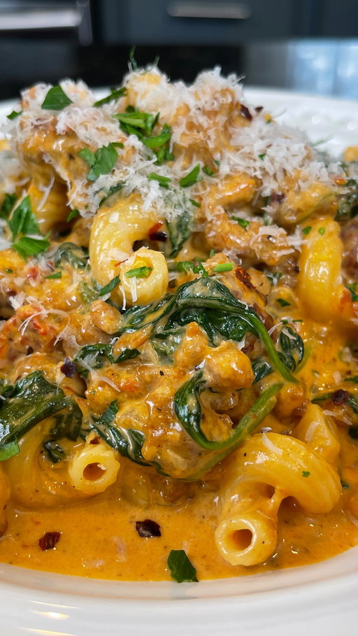 Spicy Cavatappi in 30 mins

Need something 🔥🔥 for dinner but don’t wanna be in the kitchen for hours? Give this recipe a try
.
These pasta noodles are underrated and don’t have to be reserved for when you’re trying to make fancy mac and cheese lol
.
Shopping List:
1 lb cavatappi 
1 lb hot Italian sausage
2 tbsps garlic 
1/2 diced onion
1/4 cup diced Sundried tomatoes
2 tbsps tomato paste 
4-6 oz spinach
1 cup Chardonnay
1 1/4 cup heavy cream
2 tbsps creme fraiche
1 cup parmesan 
1 cup mozzarella
Hot and original AP seasoning
Red pepper flakes
Parsley
.
.
#mrmakeithappen #pasta #pastarecipe #dinner #dinnerrecipes #dinnertonight #foodies #foodporn #chef #ichef #cheflife #instafood #instafoodies #igfood
