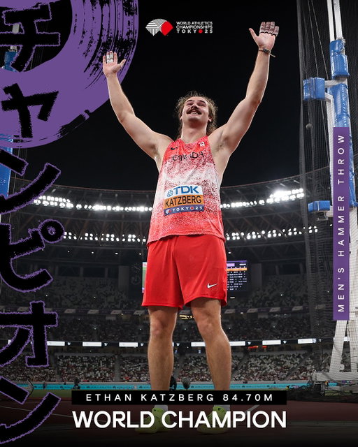 BACK TO BACK 🥇🥇

🇨🇦’s @ethankatzberg defends his hammer throw world title with a championship record of 84.70m at @wchtokyo25 🤯

That monster throw moves him up to 5th on the all-time list ☄️

📸 @mattia_ozbot_photography, @alishalovrich, @siakare_sports & @gettysport 

#WorldAthleticsChamps