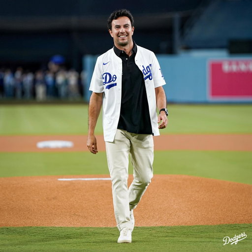 From the podium to the mound. Welcome to Dodger Stadium, Checo!