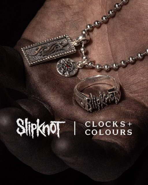 Slipknot x Clocks + Colours is live. The Tribal S pendant brings the band’s iconic symbol to life with a blood-red garnet stone, while the Goat ring carves their logo and twin goats into solid sterling silver. Available now at clocksandcolours.com.⁠