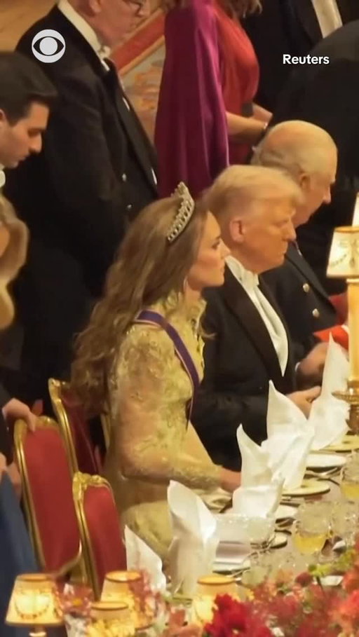 During a state banquet at Windsor Castle on Wednesday, President Trump helped push in Princess Kate’s chair as they sat down for dinner. President Trump sat between Catherine, the Princess of Wales and King Charles III after being welcomed earlier in the day for his historic second state visit.