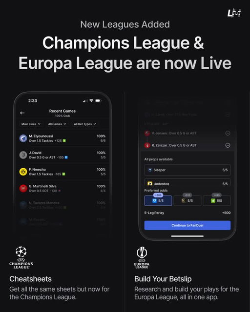 🚨 New Leagues Added 🚨

The Champions League & Europa League are now LIVE on the app! 🏆

Get cheatsheets and build your bet slips on the Linemate app 📲

#ChampionsLeague #EuropaLeague #soccertrends #soccer #bettingtips