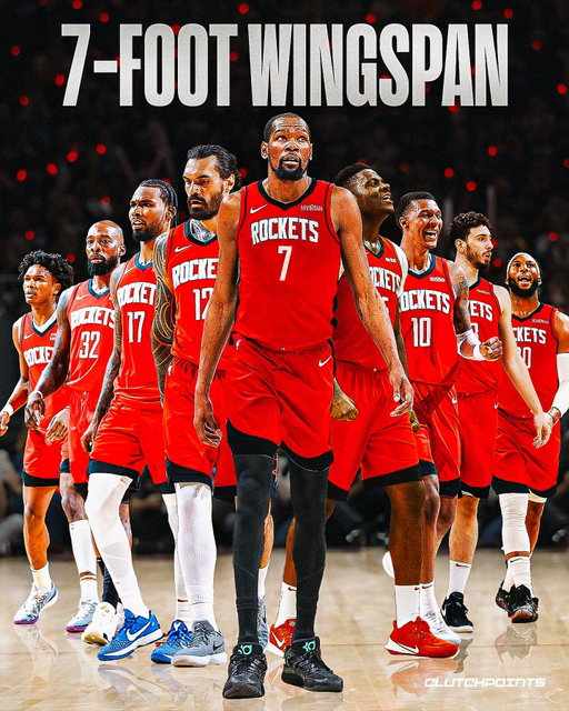 Next season, the Rockets will enter the court with one of the most physically unique rosters in the NBA.

As pointed out by BradeauxNBA on X, the Rockets have several players with 7-foot-plus wingspans. 

Giving Houston a clear advantage in both defense and rebounding.

Kevin Durant – 7’5” 
Steven Adams – 7’4.5” 
Clint Capela – 7’4.5” 
Tari Eason – 7’2” 
Jabari Smith Jr. – 7’1” 
Amen Thompson – 7’0” 
Jeff Green – 7’1” 
Alperen Şengün – 7’0” 
Josh Okogie – 7’0” 

The cherry on top: Dorian Finney-Smith, with a 6’11.5” wingspan, rounds out a roster that will be difficult to attack over or around.

This combination of size, reach, and mobility gives the Rockets the potential to disrupt opponents. 

With length across multiple positions, Houston can protect the rim, contest perimeter shots, and create matchup problems throughout the lineup.

The Rockets are a true League Pass team.