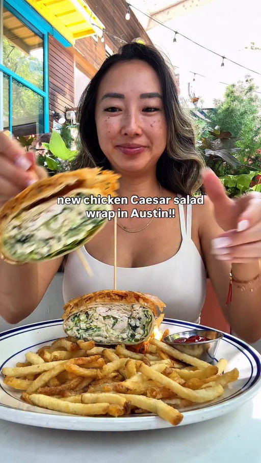 NEW chicken Caesar salad wrap in Austin at @localfoodstexas!! It has a crunchy Parmesan potato chip crust and comes with FRIES - bc who doesn’t have a salad with fries #balance