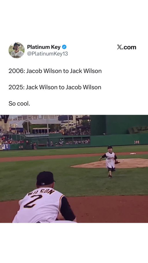 What a special moment between Jack Wilson and his son, Jacob Wilson🥹

Almost 20 years ago, a young Jacob Wilson threw out the first pitch to his dad, Jack Wilson when Jack was a member of the Pittsburgh Pirates.

Nearly 20 years later, Jacob is now a big leaguer, and his dad threw the first pitch to him.

Talk about a full circle moment.

Via platinumkey13/X

#Pirates #PittsburghPirates #Athletics #JackWilson #JacobWilson #MLB #Baseball #MLBBaseball