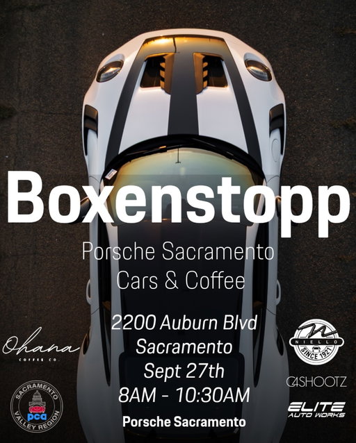 Start your weekend with some caffeine and horsepower ☕🚗💨 Join us for Boxenstopp Cars & Coffee at Porsche Sacramento!

📍 Porsche Sacramento
📅 Saturday, September 27
⏰ 8:00 AM – 10:30 AM

Please be respectful 🙏
⚠️ No burnouts
⚠️ No speeding
⚠️ No excessive revving

Let’s enjoy good company, beautiful cars, and a relaxed morning together. 
#Porsche #Sacramento