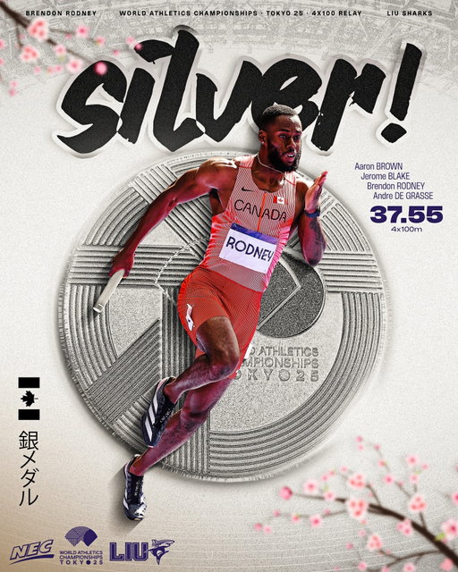 another Int'l competition, another medal 🥈

Former @liuathletics sprinter Brendon Rodney tore up the track in 🇯🇵 and ran to his 6th medal on the 🌎 stage in the 4x100m relay.

Take a 👀 at the #NECtrack ⭐️'s résumé: 
🥇 - '24 Olympics, '22 Worlds
🥈 - '20 Olympics, '25 Worlds
🥉 - '15 Worlds, '16 Olympics

#MadeInTheNEC
