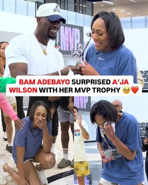 A’ja Wilson was brought to tears after Bam Adebayo walked in with her MVP trophy. 😭❤️ (via @wnba)