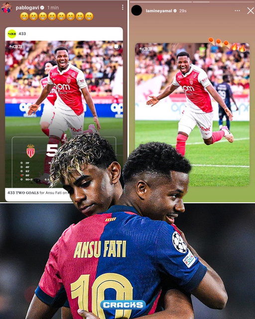 FELICITAN A ANSU FATI 🔥

Lamine Yamal, Pablo Gavi y Alejandro Baldé compartieron en sus redes felicitaciones a Ansu Fati por su doblete con el Mónaco.

Ya suma 3 goles en 72 minutos 😳