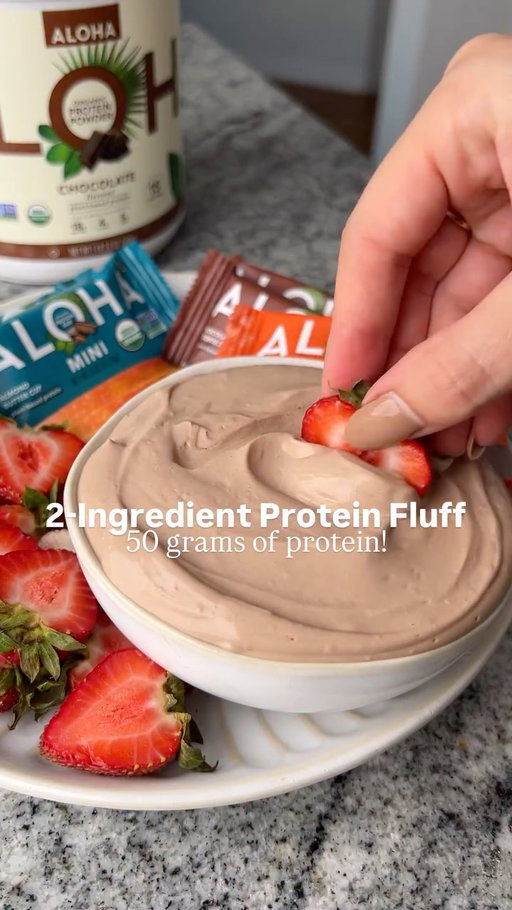 welcome back to ep 6 of the No-Bake Protein Treats series featuring @alohamoment plant-based protein! today we’re making 2-INGREDIENT PROTEIN FLUFF with over 50 grams (!!!) or protein. it’s perfectly sweet, totally delicious, and super EASY to make! great for dipping, scooping, or… eating by the spoonful. 😋 here’s how to make it:
 
2 cups Greek yogurt, or plain coconut yogurt
4 scoops Aloha Chocolate Protein Powder
 
1. Add the Greek yogurt or coconut yogurt and Aloha Chocolate Protein Powder to a bowl and beat with either a hand mixer until extremely light and fluffy, about 5 minutes.
2. Serve right away with your favorite dippers or, for a thicker fluff, store in the fridge for at least 1 hour before serving.

#plantbased #plantpowered #healthydesserts #healthyrecipes #healthyliving #healthyfoods #glutenfreedairyfree #proteinrecipes #protein #proteindesserts #vegan #vegandesserts #veganrecipes #proteinfluff #snacks #healthysnacks #snackrecipes #nobake