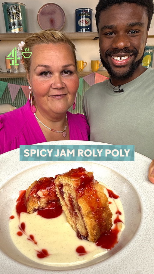 Another Bake Off legend has snuck into the Served kitchen 👀 This time it’s @nellyghaffar’s turn to whip @justinkaarthur into shape... a jam roly poly shape, to be exact. 

Serves 4 
Total time: 1.5 hours

Ingredients 

160g self-raising flour
40g icing sugar
50g suet
1 large egg
2–3tbsp whole milk
100g flaked almonds
50g melted butter
200g strawberries 
150g granulated sugar 
1 red chilli, chopped
1 tbsp vegetable oil
1/2 lemon, juice & zest 
Pinch of sea salt 

Method 

1. To make the jam, heat the oil in a small saucepan and gently fry the chopped chilli until fragrant. Add the chopped strawberries and cook on low heat until they begin to release juice

2. Add the sugar, lemon juice, zest and a pinch of salt. Bring to a boil, then simmer on low heat until thick and sticky, stirring occasionally. Leave to cool and reserve 20% for serving

3. To make the roll, preheat the oven to 180°C and prepare a baking tray lined with two pieces of baking paper: one cut to fit the tray and another slightly larger for wrapping the roll

4. Fill a separate deep baking dish or tray with boiling water and place it on the bottom of the oven to create steam

5. In a large bowl, sift the flour and icing sugar, then mix in the suet

6. In a small bowl, beat the egg with 2tbsp of milk and pour into the flour mixture. Mix together until a dough forms

7.  LDust your work surface with flour and knead until smooth

8. Roll it into a square about 2cm thick. Spread 80% of the jam over the surface, leaving a small border on one edge for sealing. Roll the dough tightly into a log, sealing the edge by pinching it closed

9. Lightly brush the outside of the roll with water, then roll it over the almonds to coat evenly

10. Place the roll in the centre of the larger sheet of baking paper. Fold the edges of the paper over the roll and seal tightly. Fold the ends under the roll to secure. Leave enough room for it to expand during baking

11. Bake for 50 minutes, unwrap & let the steam escape. Blitz the reserved jam to create a sauce. Serve with custard and a drizzle of your jam sauce