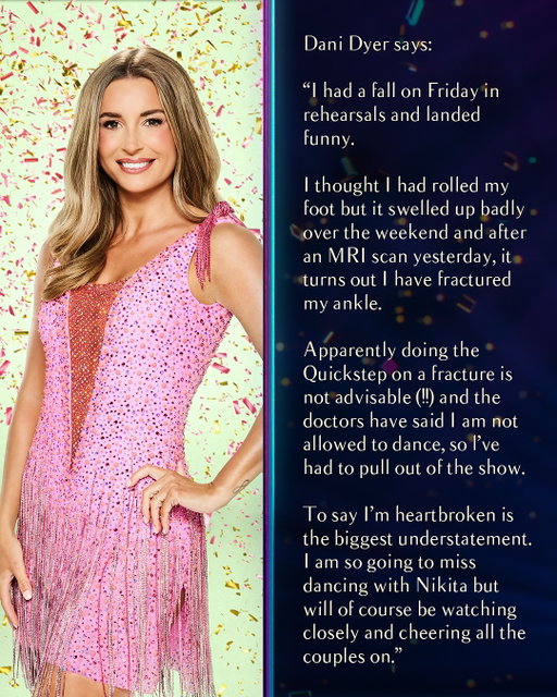 Unfortunately due to an injury Dani Dyer is no longer able to compete in #Strictly 2025. She’ll be sorely missed and we wish her a speedy recovery ❤️