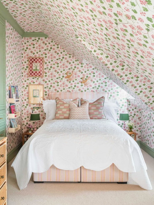 🌸 India’s Bedroom Reveal! 🌿 I’m SO excited to finally share India’s new room with you 💕 We wanted to create a space that felt soft, playful and cosy - somewhere she can enjoy with her friends, let her imagination run wild, and always be her safe place. 

We went for a mix of pretty pinks and calming greens, with the most beautiful patterns throughout… and of course the wallpaper is the absolute showstopper! I couldn’t have imagined her room without the amazing team who brought this vision to life and couldn’t be happier with how it’s turned out. Scroll to the end to see India’s reaction when she came home to see it  for the first time 🥹

Interior design & project management:
@palomainteriorsltd
@charlotte_paloma_interiors