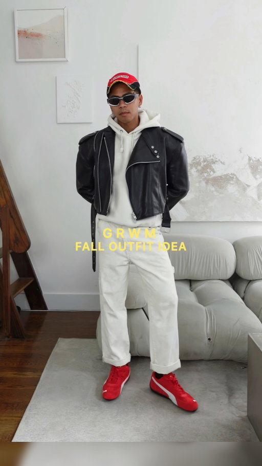 grwm: all white and a leather jacket is such an easy combo that works 

outfit 1: @hiroclark t-shirt, @octobre_editions camo pants

outfit 2: @thefrankieshop jacket, @gu_usa_official hoodie, @urbanoutfitters jeans, @pumasportstyle speedcat sneakers