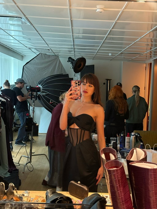 On set this week for the @bcbgmaxazria Holiday/Winter 2025 campaign shoot and it was so so me. What a dream! So much glamour with big 80’s hair and a bold red lip ❤️‍🔥 @wsanyc