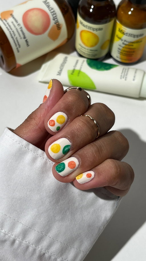 ad • When skincare meets nail art 🟡🟠🟢 

The stunning @madhippiebeauty packaging inspired me to paint the cutest lil recreation, using a sponge to quickly pick up some color & leaving behind a similar pattern on my nails 🎨 truly grateful for days like this, when my passion for nail art overlaps with my love of skin care 🤭

Featuring their Vitamin C Serum & Toning Mist, Daily Protective Serum, and Face Cream 🌱

#colorfulnails #nailart #nailinspo #nailtutorial #cleanbeauty #beautytutorial #naildesign