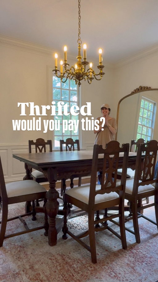 Thrifted treasure ✨ Replaced my Pottery Barn table with this antique dining set that’s over 100 years old. I found it on Marketplace for only $150! The craftsmanship is incredible—solid wood, carved details, and it even extends out for hosting bigger gatherings. Truly feels like it was meant for our Colonial home. Would you have chosen this or kept the Pottery Barn?

#marketplacefinds #thriftedhome #colonialstyle
