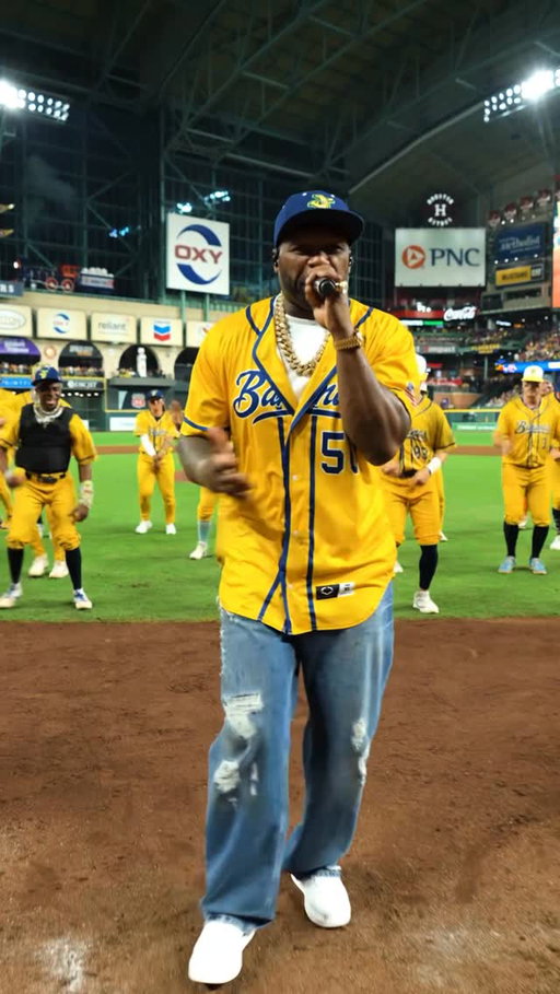 Legendary night with @50cent rapping his way to throw out a pitch at a sold out Daikin Park😎 

@bransoncognac @lecheminduroi #savannahbananas #bananaball #50cent #indaclub #baseball #mlb #rap