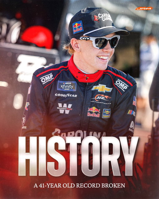 Another page in the history books belongs to Connor Zilisch. 

With today's top five finish, his 16th consecutive, Connor breaks Sam Ard's record of most consecutive top five finishes in a single Xfinity Series season - a record that has stood for 41 YEARS.