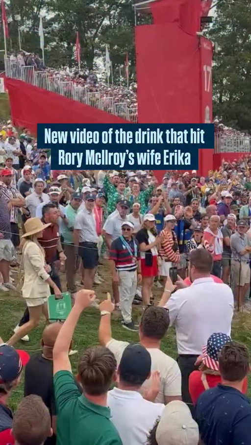 Video footage via @dylan_dethier that shows Rory McIlroy’s wife Erica getting hit with a beer (glanced off her hat) on Saturday afternoon at the Ryder Cup.