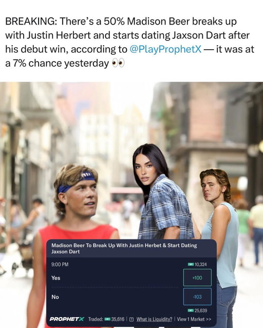 Jaxson Dart made Giants fans proud yesterday and is now shooting his shot with his celebrity crush, Madison Beer 👀 

Will she leave Justin Herbert for Dart? 

Trade all football markets on @playprophetx

#nfl #jaxsondart #madisonbeer #memes