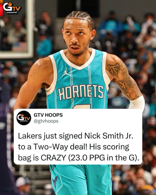 The Lakers just signed SCORING MACHINE Nick Smith Jr. to a Two-Way deal! The 6’2”, 21-year-old guard averaged 23.0 PPG in the G League last year and 9.9 PPG in the NBA with the Hornets. He was a 5-star HS recruit, McDonald’s All-American, and was the 27th pick in the 2023 NBA Draft. What do you think of the signing? ✍️ @lif3nick